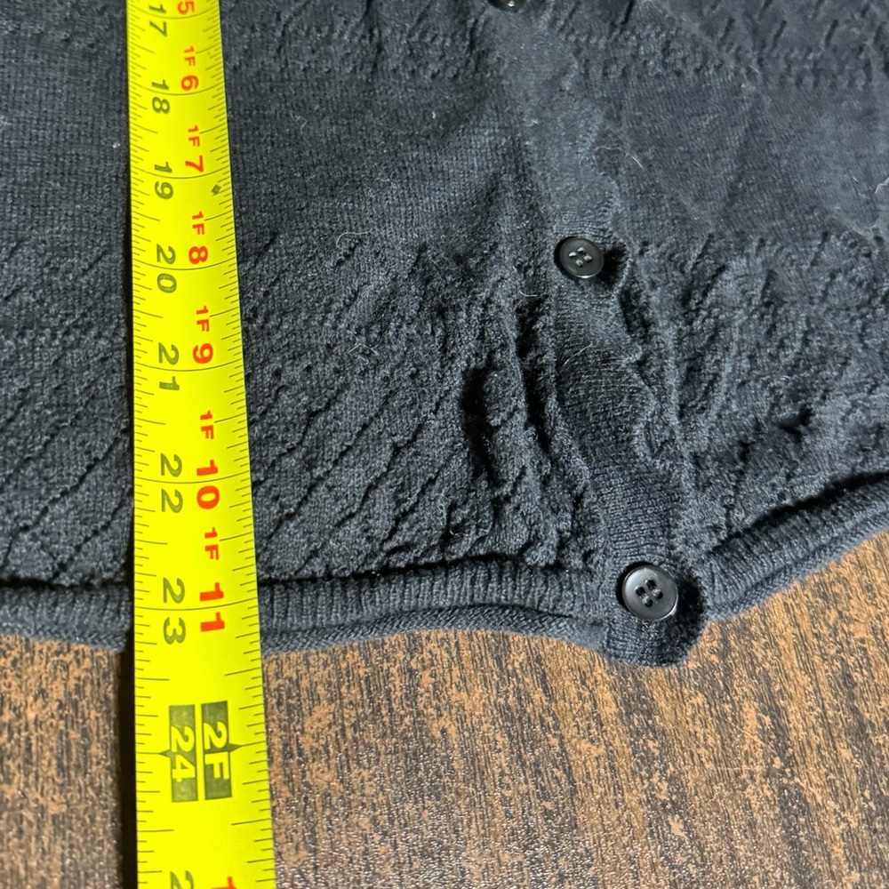 Frye Black Pointelle Open Knit Cotton Cardigan Sweater L Scalloped Edge - Picture 8 of 8
